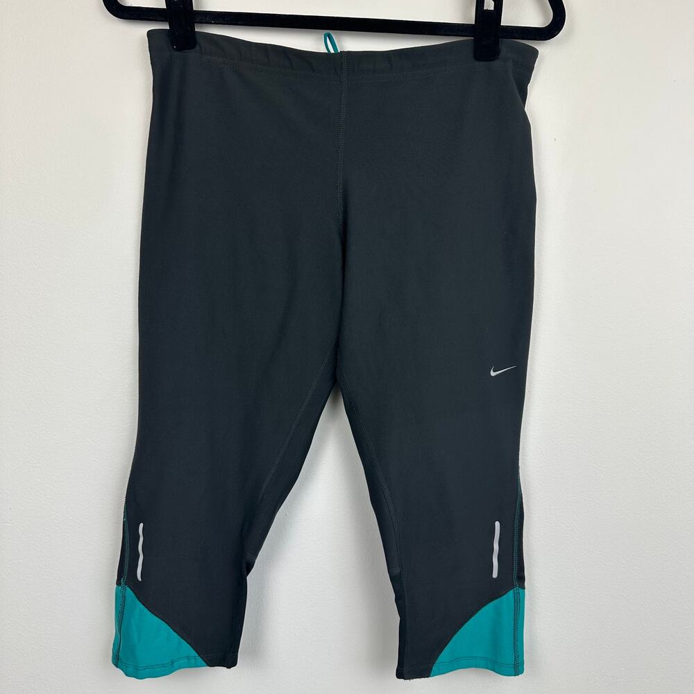 Nike Womens Dri-Fit Capri Logo Activewear Running Light Grey/Teal Leggings Large